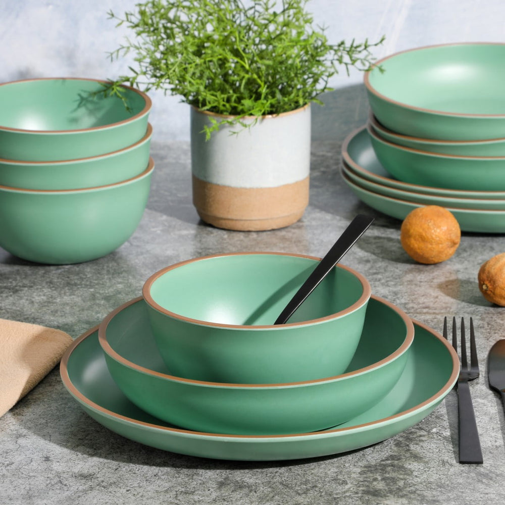 Gibson Home Rockabye 12 Piece Double Bowl Melamine Dinnerware Set - Matte Green