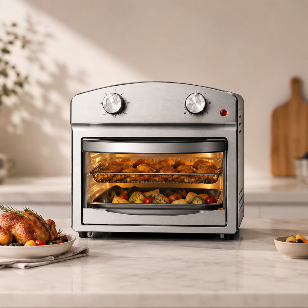 Plum Chef 13QT Air Fryer Toaster Oven Combo, Compact Stainless Steel Countertop Oven for 1-3 People, 1500W with Oil-Free Cooking, Easy to Clean, Space Saving, Sliver