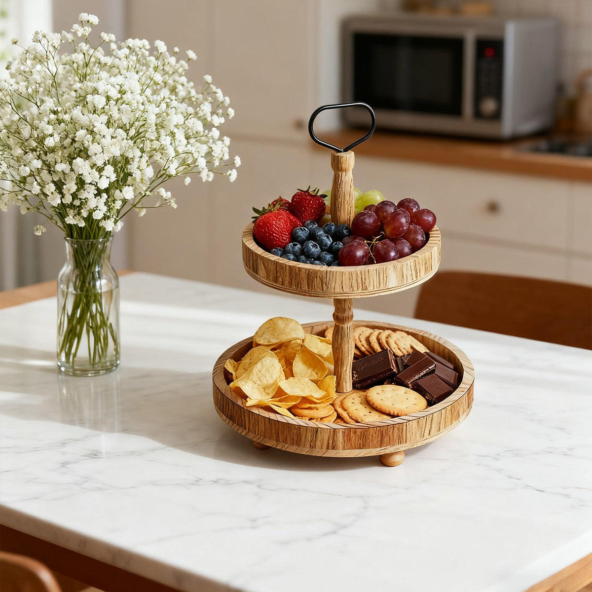 Double Tier Wooden Tray Stand, Rustic Decorative Serving & Display Tray, Seasonal Holiday Tiered Organizer For Home Kitchen Living Room Entryway