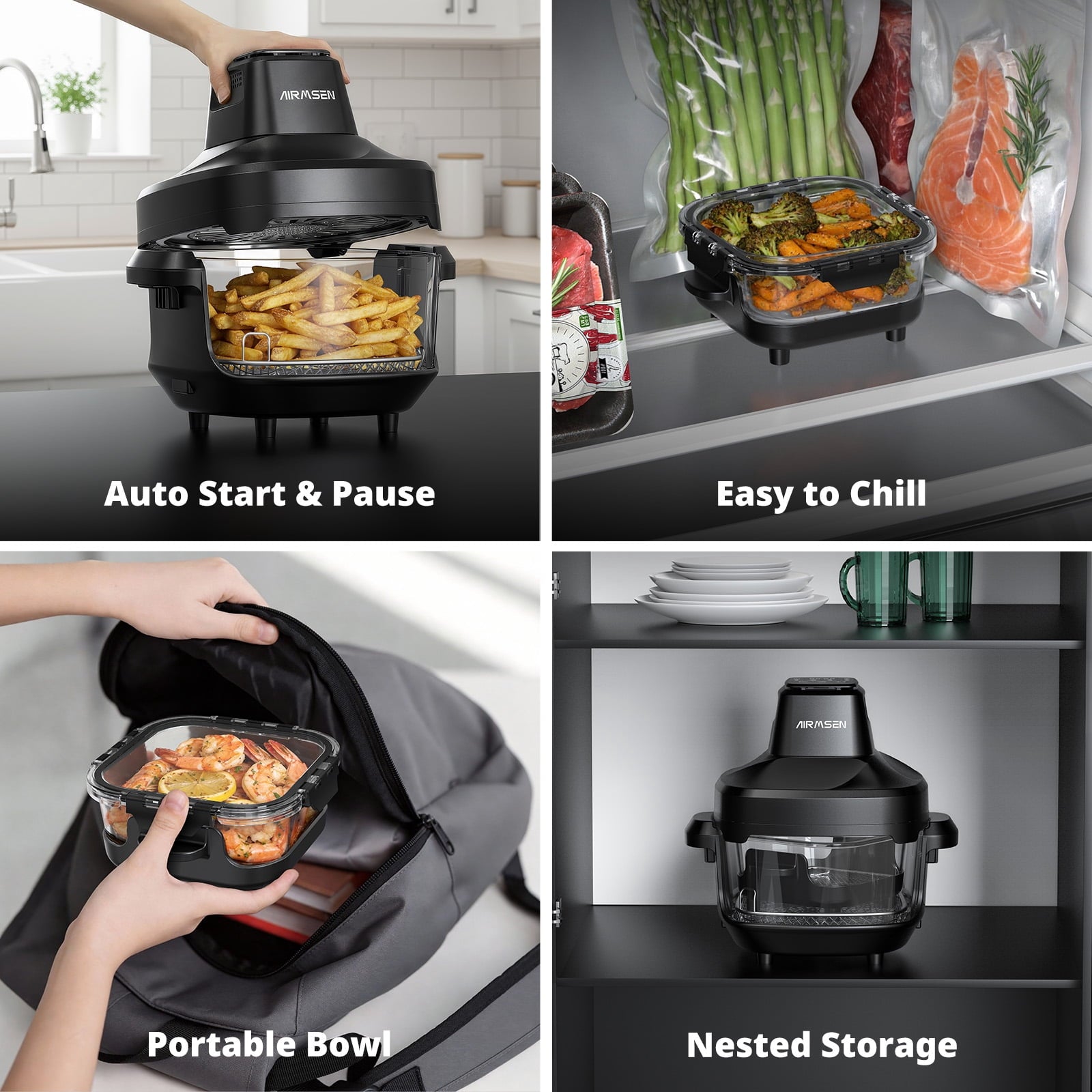 AIRMSEN Portable Glass Air Fryer, 4.8QT & 1.3QT Non-Toxic Glass Bowls, Max 450°F, 4 Preset Modes with Adjustable Time & Temp, Dishwasher-Safe, 1500W