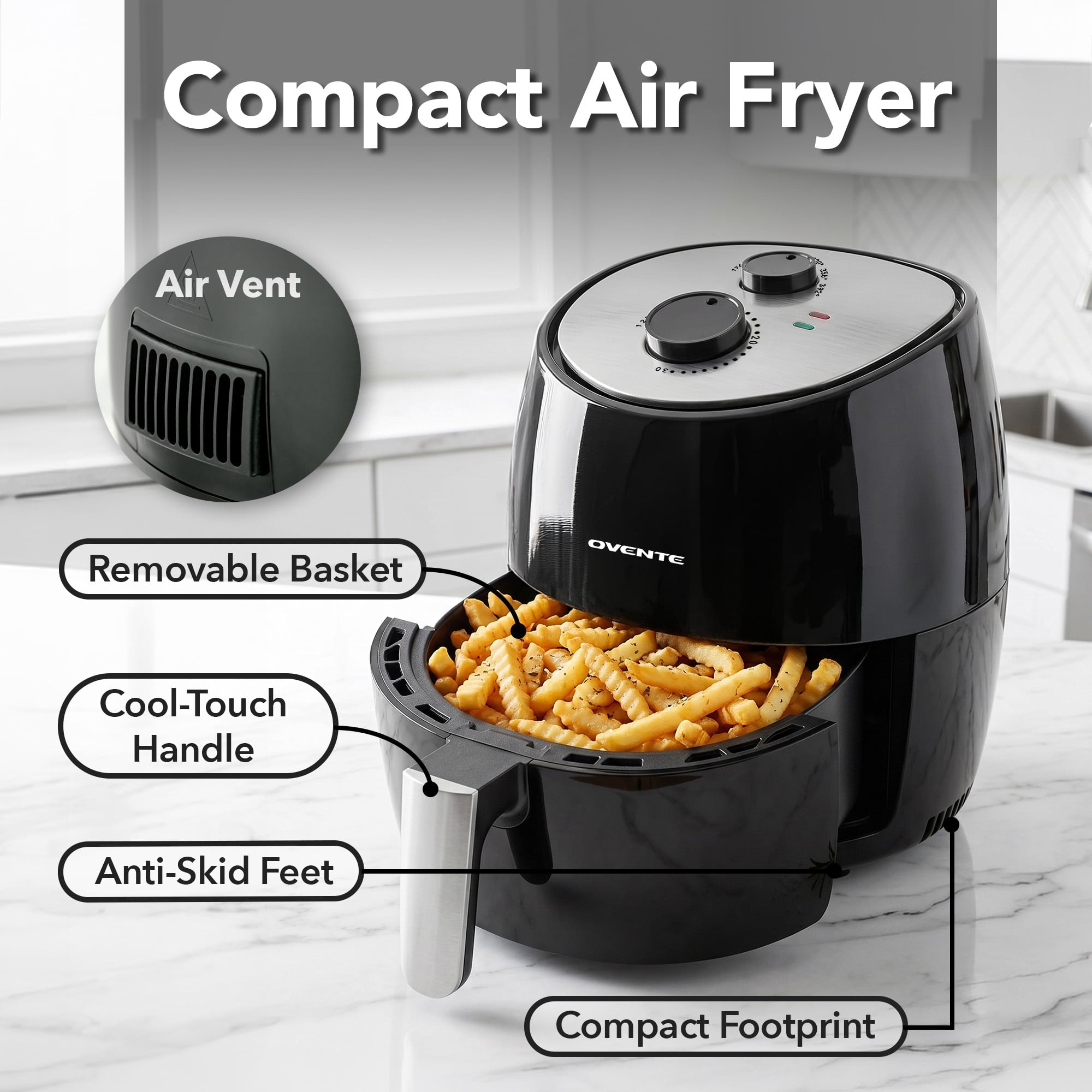 OVENTE Compact Air Fryer for Healthy and Oilless Cooking, 3.2 Qt Nonstick & Dishwasher Safe Basket, 1300W Electric Cooker w/ Adjustable Temperature Control, 30Min Timer & Auto Shutoff, FAM11320B