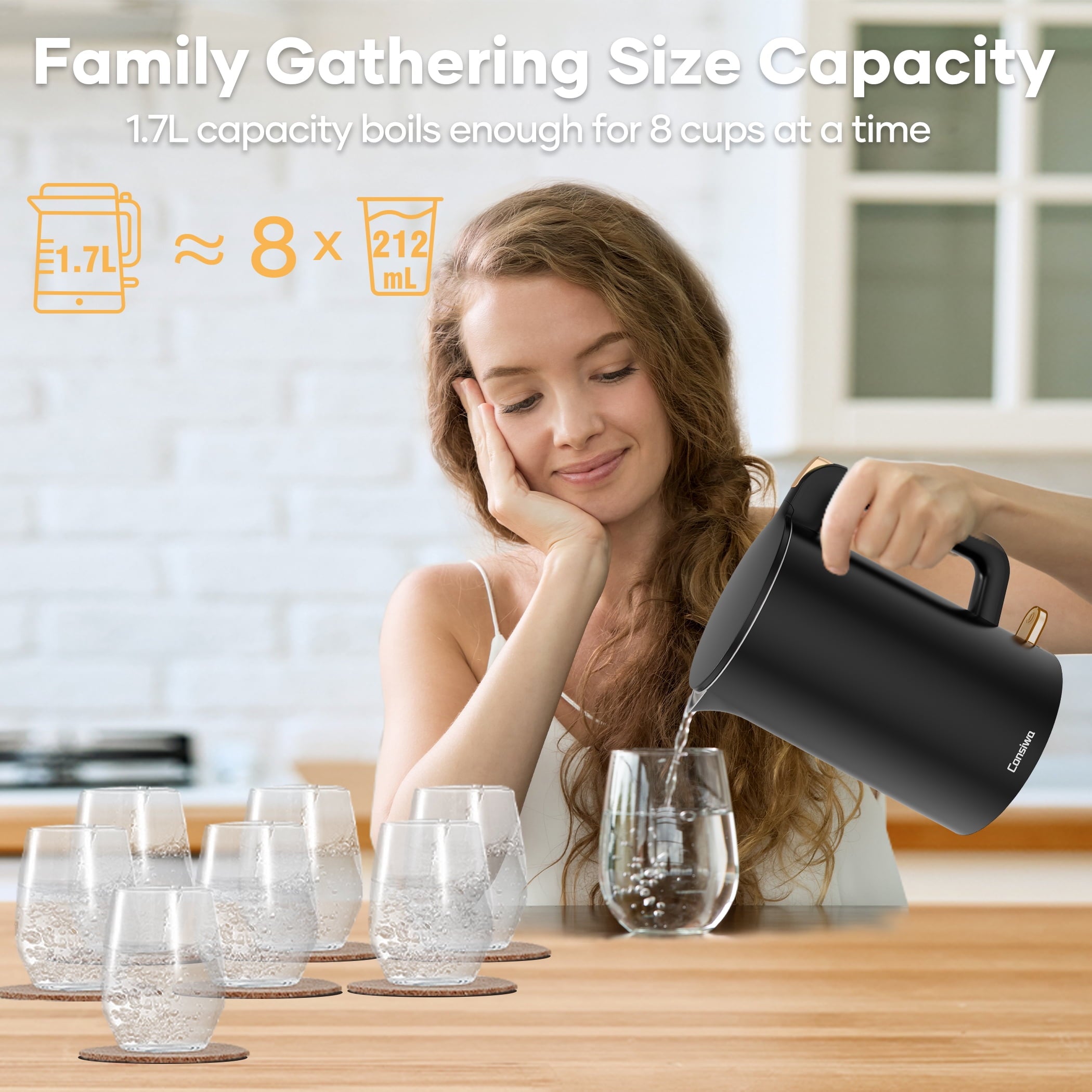Consiwa Electric Kettle, Double Wall 1.7L Stainless Steel Cool Touch, Water Boiler & Heater, 1500W Hot Tea Pot, Black
