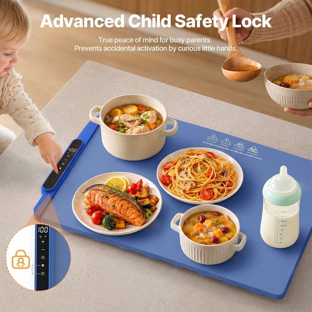 GOLDLEMON Warming Mat for Food, 24"x 16" Electric Warming Tray with 6 Temp Settings & 10H Timer, Auto Shut-Off, 300W Full Surface Heating for Buffet & Home, Blue