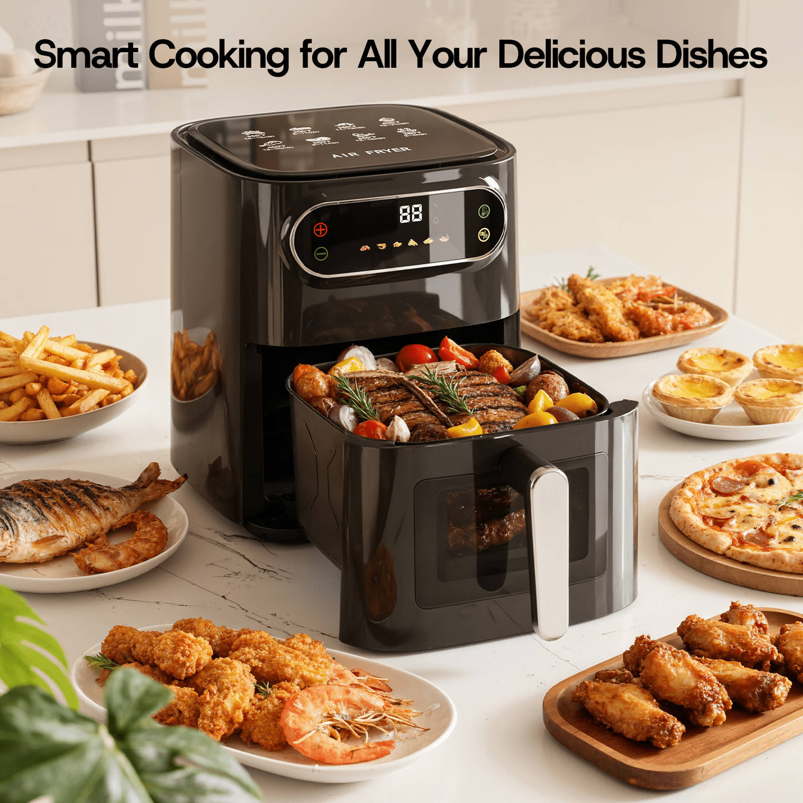 6QT Air Fryer, 1400W Compact Toaster Oven, Crisps, Broils, Roasts, Dehydrates, Bakes, Reheats, 85 percent Oil-Less, LED Smart Display, Stainless Steel