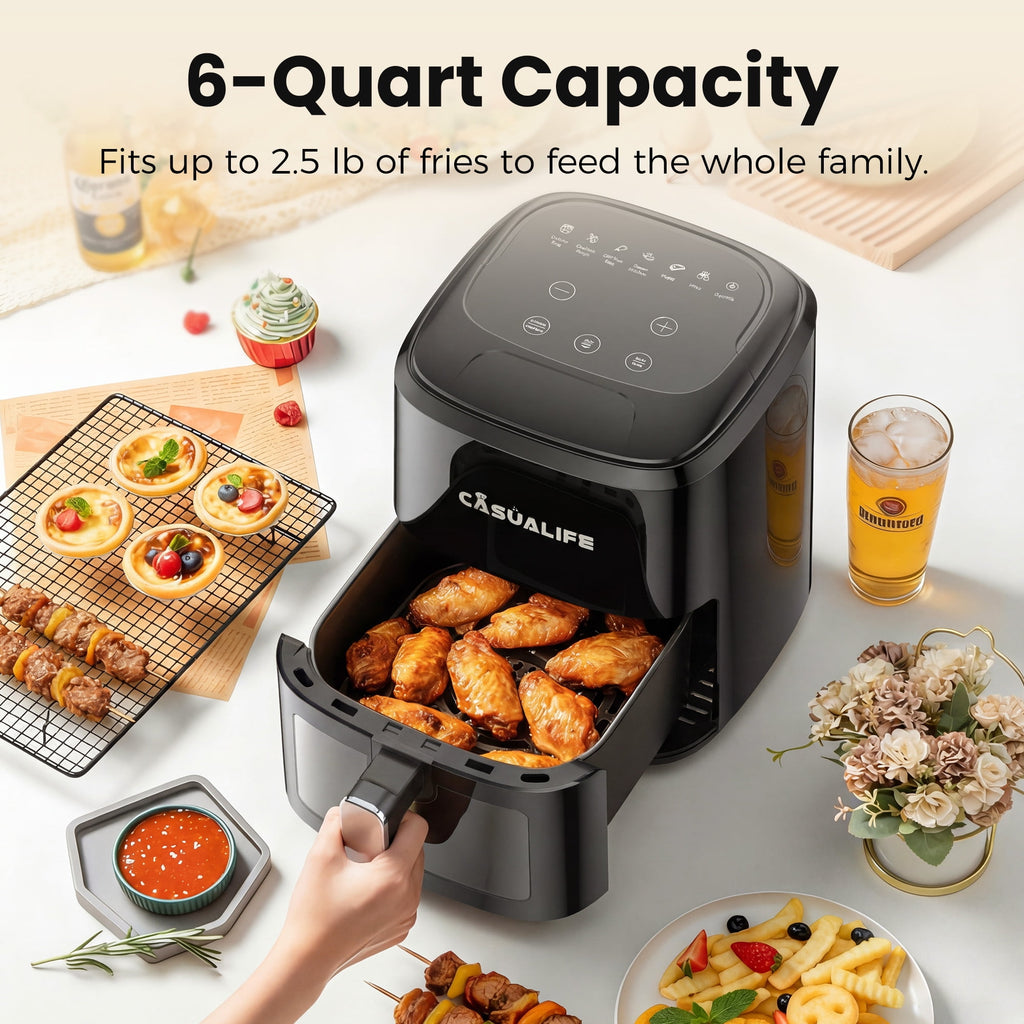 Casualife Air Fryer 6 Qt Max 400F for Cooking, 6 Presets Fry Touch Panel Compact Countertop, New Black
