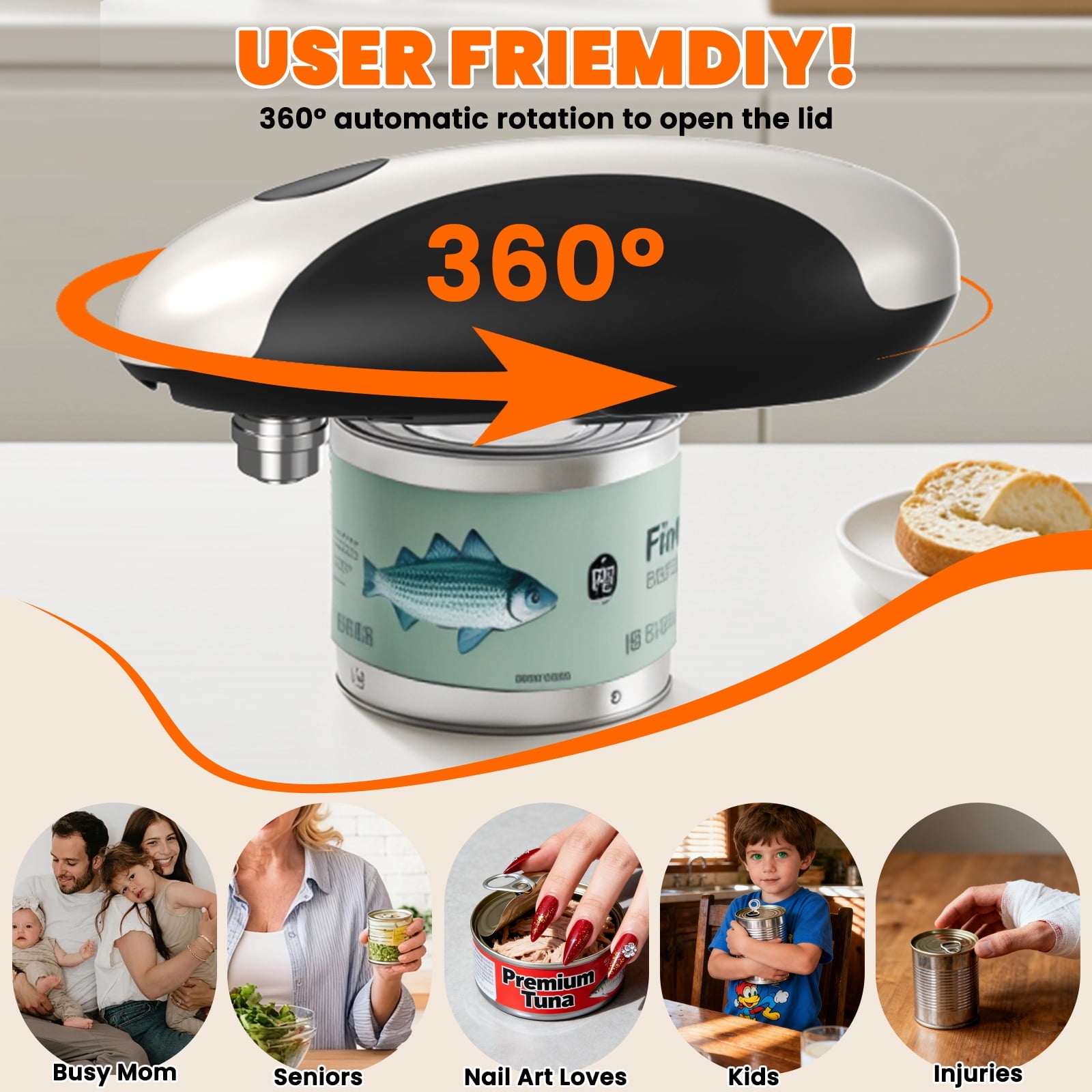 Rechargeable Electric Can Opener - Smooth Edge, One-Touch Automatic Can Opener for Seniors & Arthritis, Type-C Fast Charge, Compact Portable Can Openers, Portable Kitchen Gadgets Fits Most Can Sizes