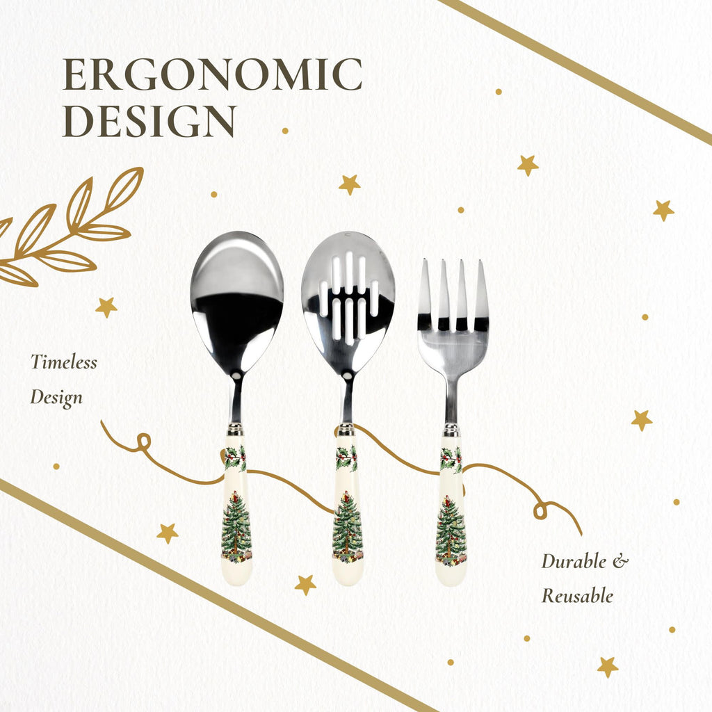 Spode Christmas Tree 3-Piece Stainless Steel Cutlery Set - Porcelain Handle Flatware with Meat Fork, Serving Spoon, & Slotted Spoon - Holiday Silverware for Christmas Dinners & Seasonal Gatherings