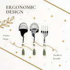 Spode Christmas Tree 3-Piece Stainless Steel Cutlery Set - Porcelain Handle Flatware with Meat Fork, Serving Spoon, & Slotted Spoon - Holiday Silverware for Christmas Dinners & Seasonal Gatherings