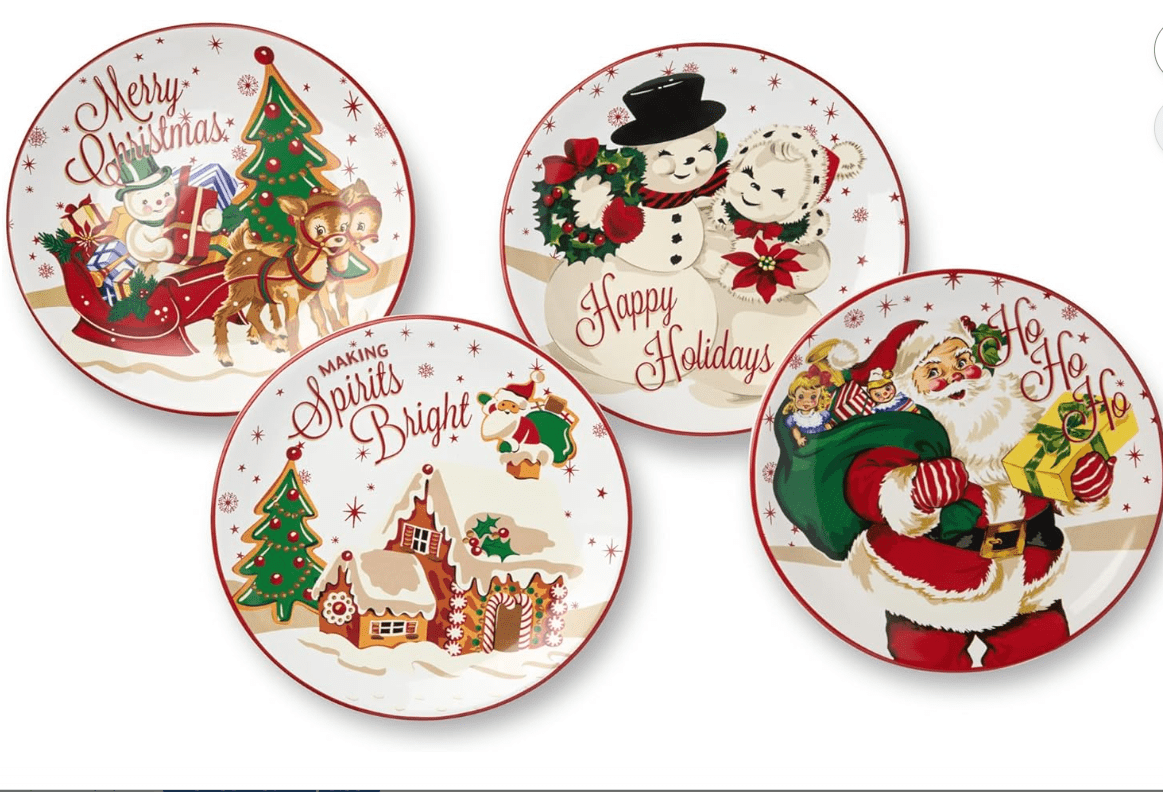 Santa’s Retro Christmas Dessert Plates – Set of 4 Assorted Holiday Plates with Santa, Reindeer & Snowman Art, Festive Vintage Tableware for Christmas