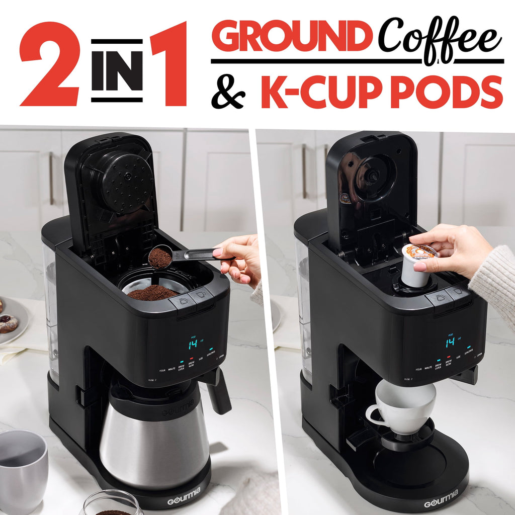 Gourmia 2-in-1 Coffee Maker, Single Serve Pod + 12 Cup Drip, K-Cup Compatible, Black