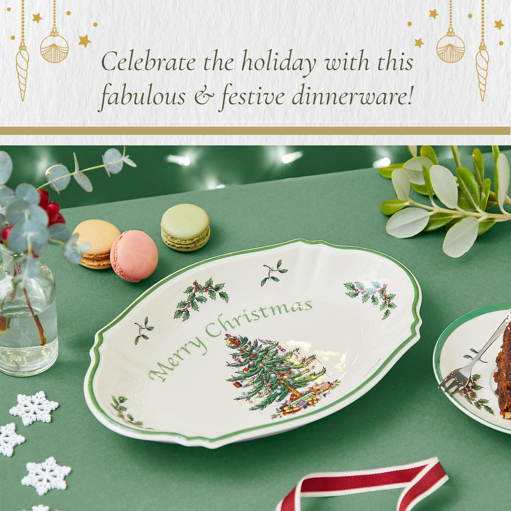 Spode Christmas Tree Oval Festive Tray - 11-Inch Rectangular Earthenware Serving Tray, Holiday Tableware - Seasonal Trays for Entertainment - Dishwasher, Microwave, Oven Safe