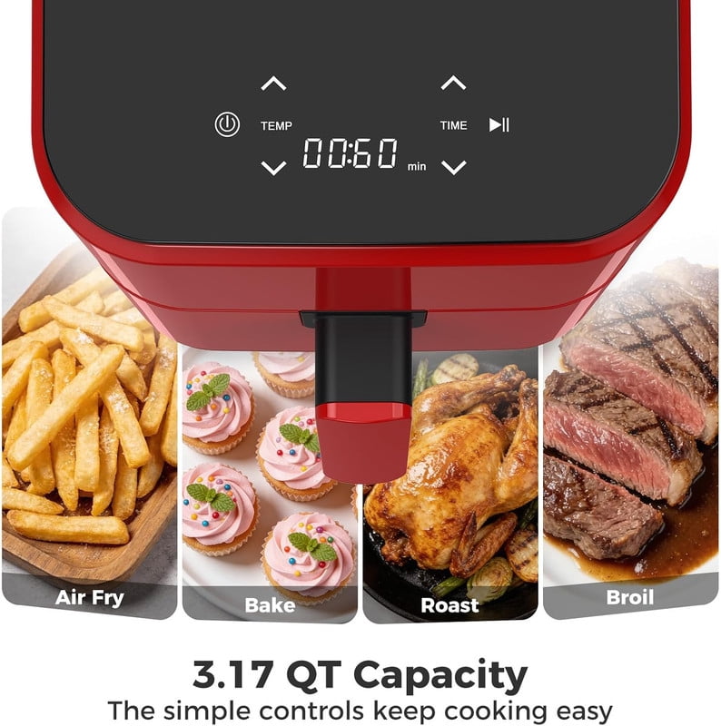 Simenmax 3QT Air Fryer – Compact Digital Personal Air Fryer with 400°F Max Temp, Overheat Protection & Auto Shut-Off, Red