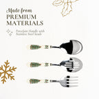 Spode Christmas Tree 3-Piece Stainless Steel Cutlery Set - Porcelain Handle Flatware with Meat Fork, Serving Spoon, & Slotted Spoon - Holiday Silverware for Christmas Dinners & Seasonal Gatherings
