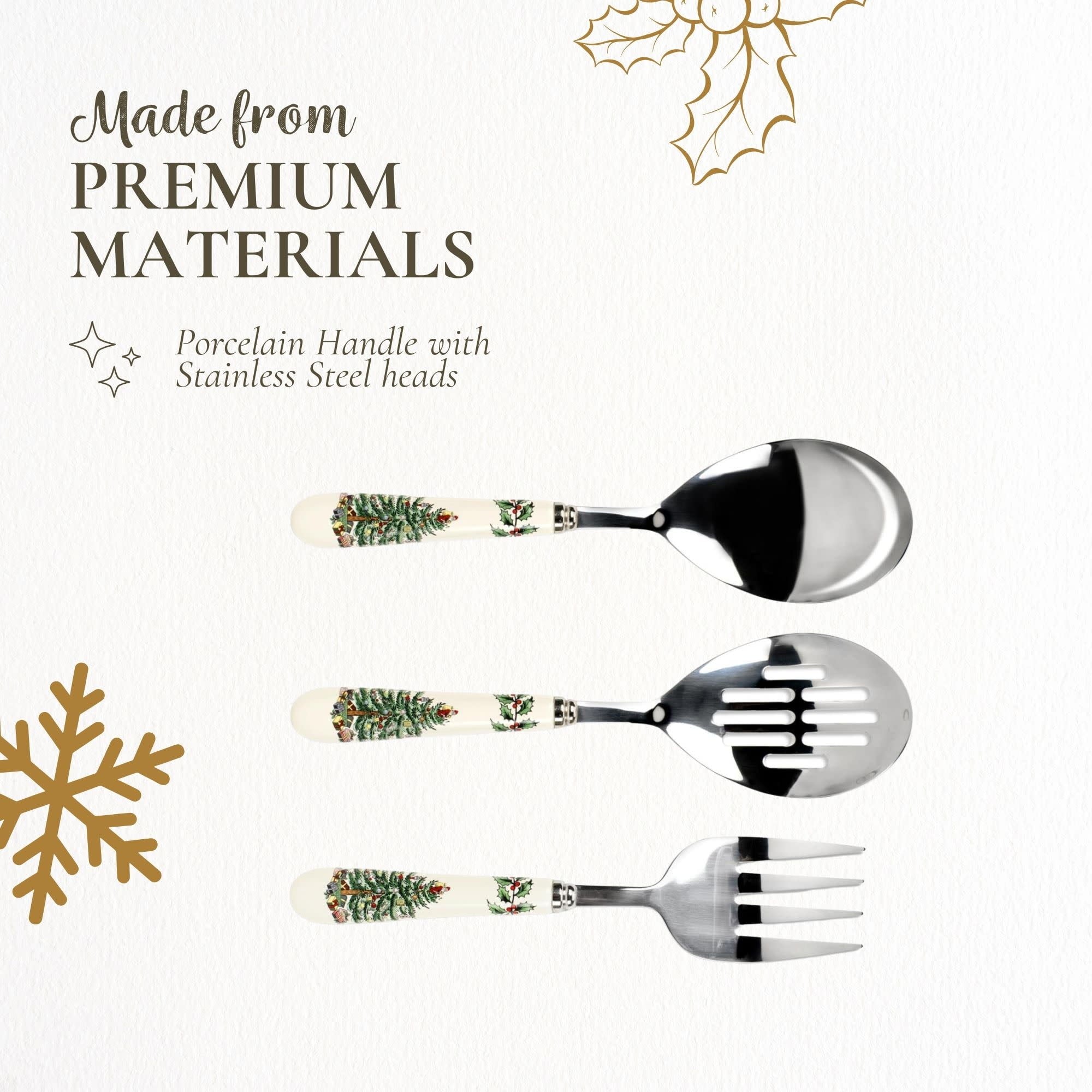 Spode Christmas Tree 3-Piece Stainless Steel Cutlery Set - Porcelain Handle Flatware with Meat Fork, Serving Spoon, & Slotted Spoon - Holiday Silverware for Christmas Dinners & Seasonal Gatherings