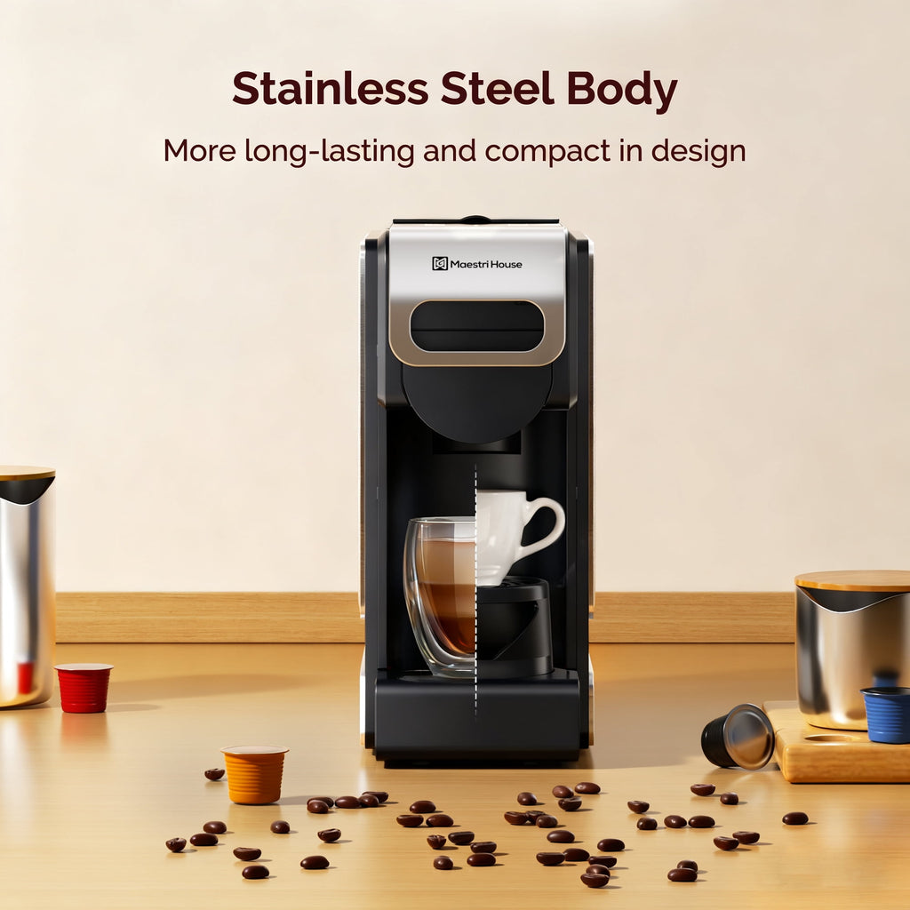 Coffee Maker 3-in-1 Single Serve Coffee Machine, for K-Cup Coffee Capsule Pod, Ground Coffee Powder Brewer, Stainless Steel Design, Sliver