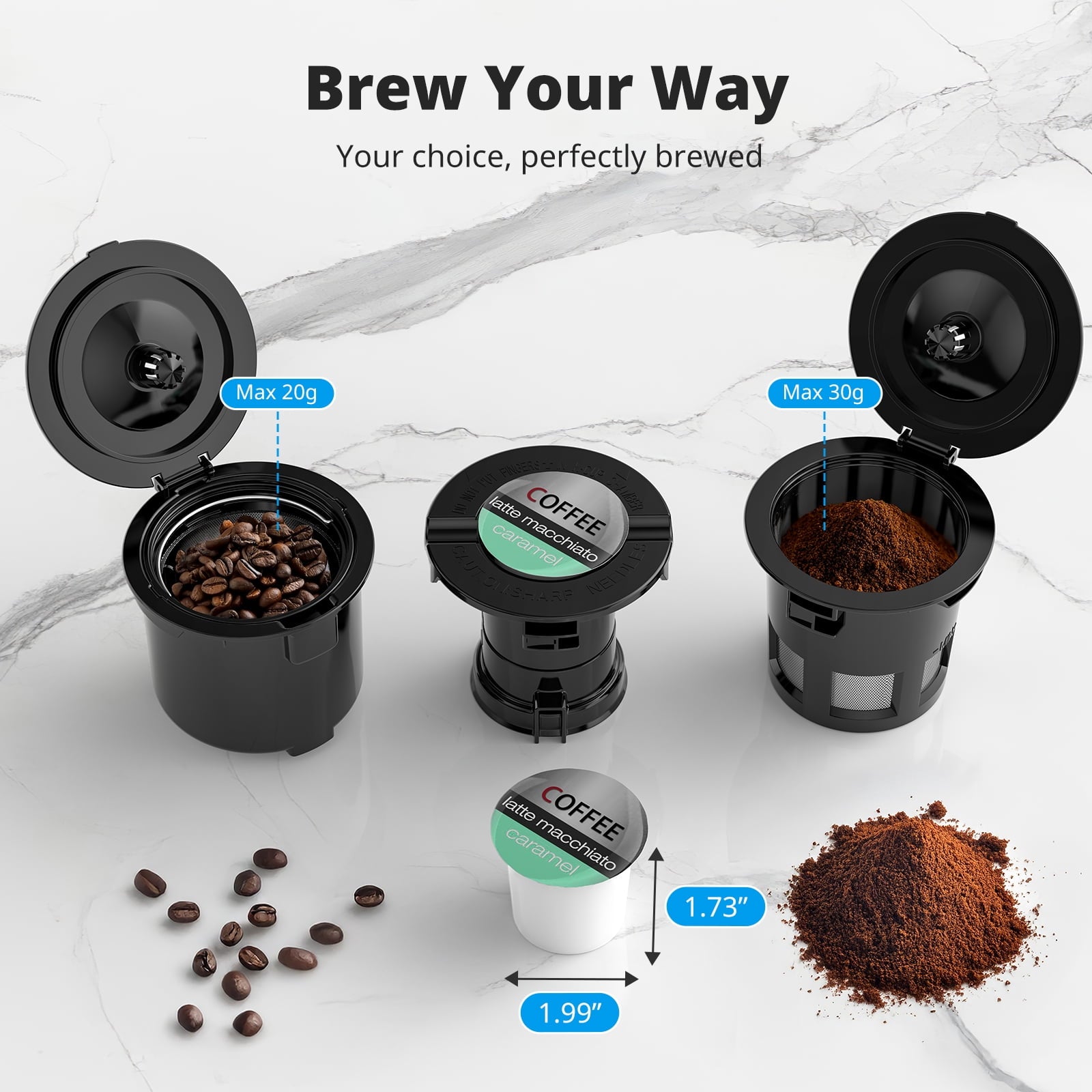 AIRMSEN 3 in 1 Single Serve Coffee Maker with Grinder, K Cup Coffee Machine Compatible with Grounds and Beans, Instant Coffee Pot with 6 Grind Levels & 6-14oz Cup Sizes, BPA-Free