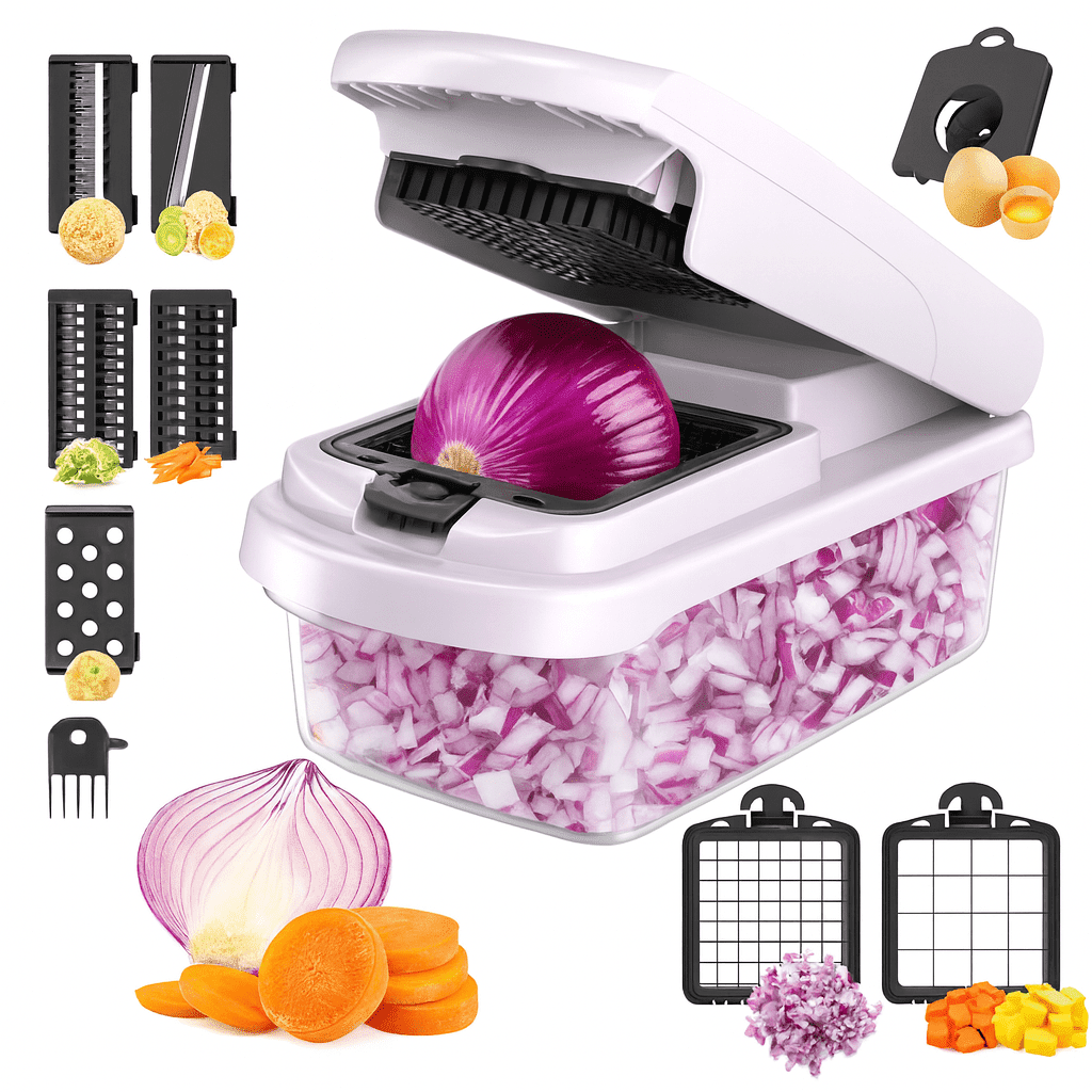 16-in-1 Vegetable Slicer Cutter Machine with Storage Container, Multifunctional Durable Chopper for Fruits, Onion, Zoodles, Cheese, Salad Prep, BPA-Free, Easy-to-Clean Kitchen Gadget ABS+ Blades.