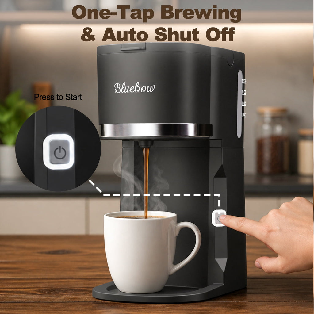 Bluebow Single Serve Coffee Maker, 6-12oz Brew Size for K Cup Pod & Ground Coffee& Tea, Fast Brew One Cup Small Coffee Machine  for Home and Travel, Black