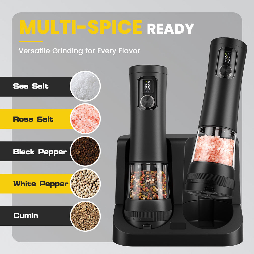 Moreblue Electric Salt and Pepper Grinder Set , Automatic Rechargeable Salt and Pepper Shaker with LED Battery Display & USB‑C Charging Base, Pepper Mill for Kitchen, Dining & Camping