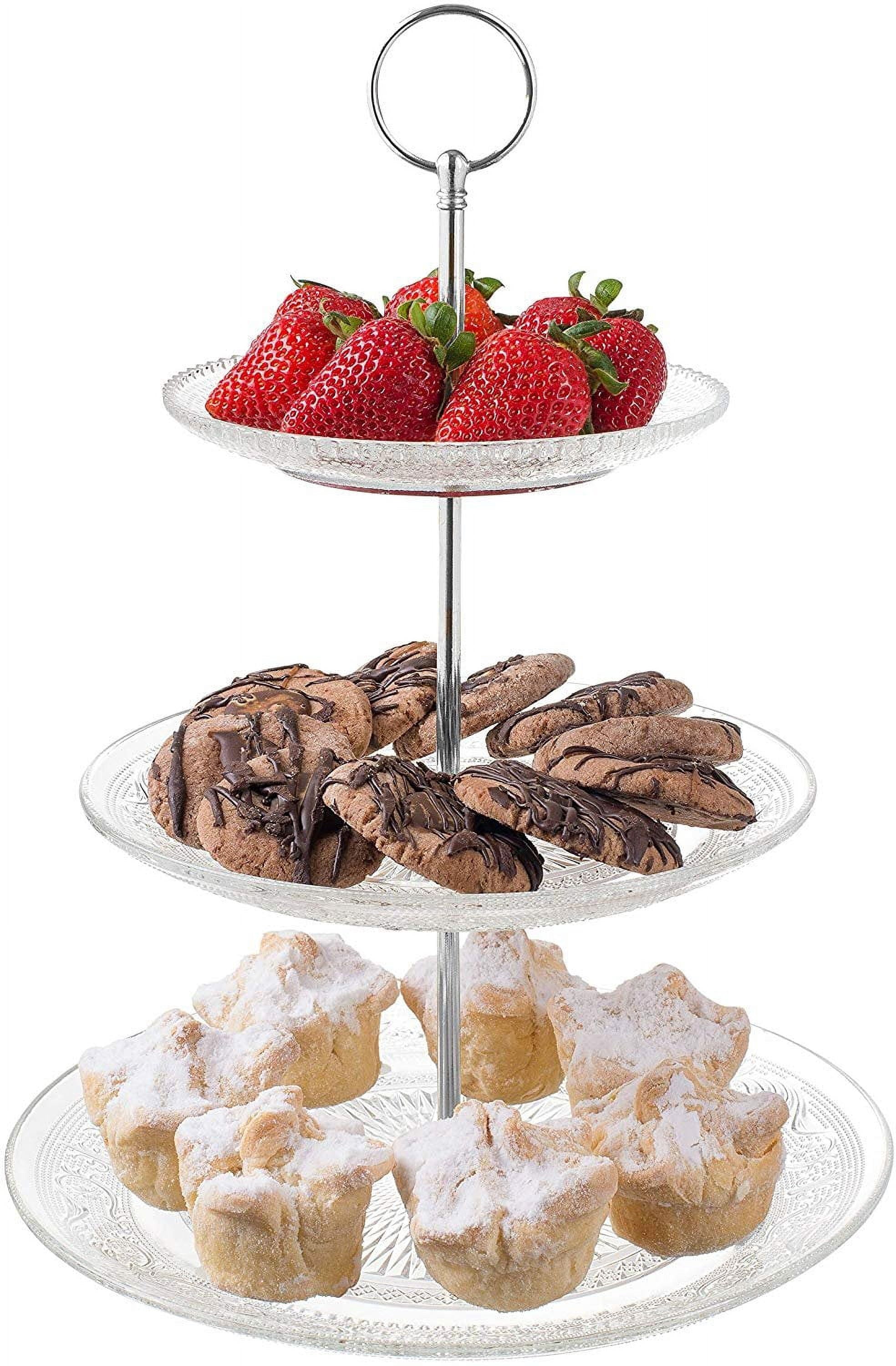 Royalty Art 3-Tiered Serving Stand (Glass) Beautiful, Elegant Dishware Serve Snacks, Appetizers, Cakes, Candies Durable, Reusable Party or Holiday Hosting (SILVER)