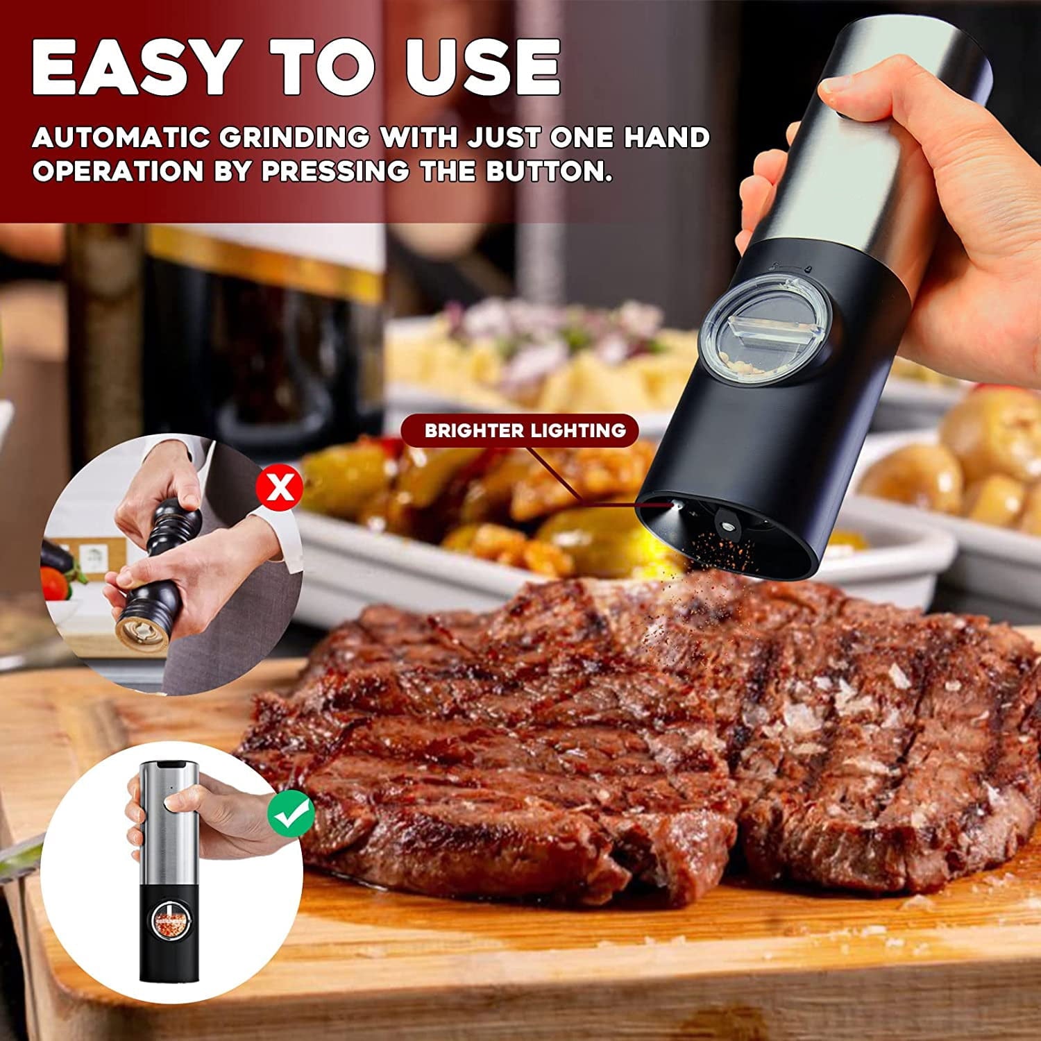 Electric Salt and Pepper Grinder Set, OGEDNAC Automatic Electronic Spice Mill Shakers with USB Rechargeable, LED Light, Adjustable Coarseness, One Hand Operated, Stainless Steel