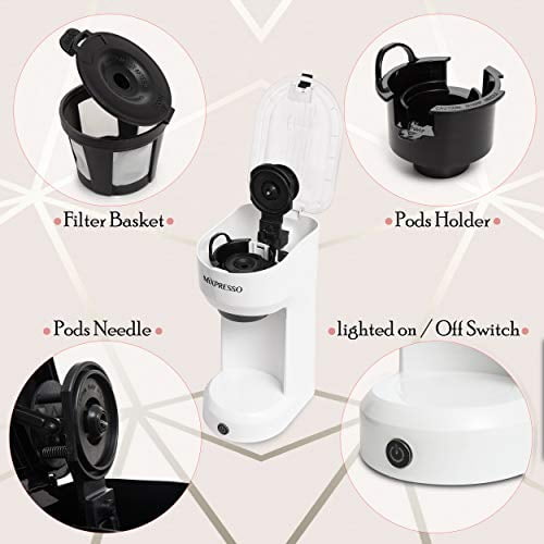 Mixpresso Single Serve Coffee Brewer, K Cup Compatible & Ground Coffee, White
