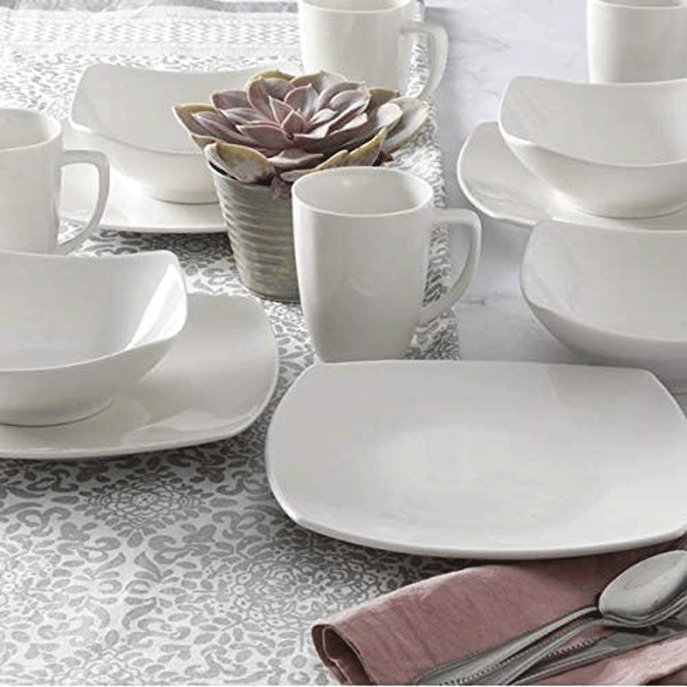 Gibson Home Zen Buffet 16-Piece Porcelain Dinnerware Set, Square Plates & Bowls, Service for 4, White