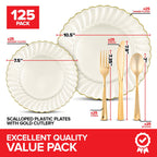 Stock Your Home 125 Pack Ivory and Gold Scalloped Plastic Dinnerware Set, 25 Place Settings with Plates, Forks, Spoons and Knives, Heavy Duty Gold Rimmed Set for Holiday Dinners and Parties