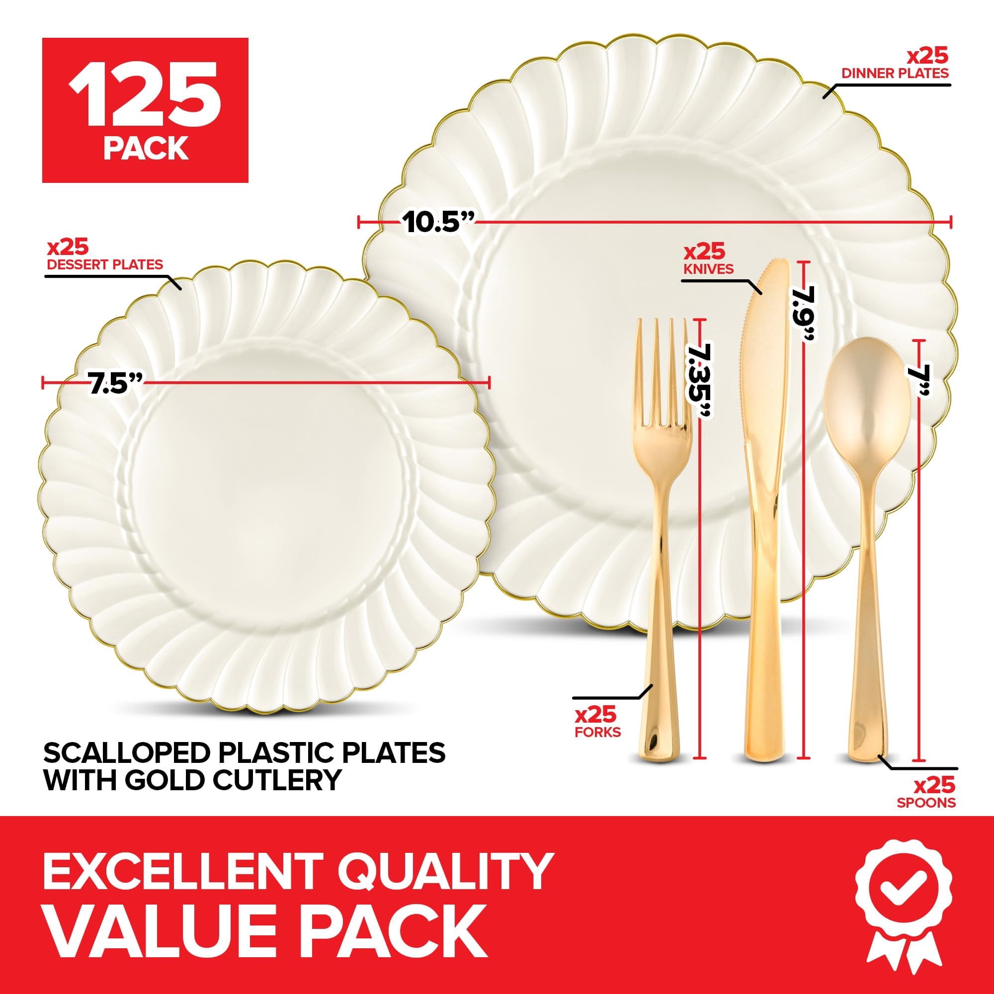 Stock Your Home 125 Pack Ivory and Gold Scalloped Plastic Dinnerware Set, 25 Place Settings with Plates, Forks, Spoons and Knives, Heavy Duty Gold Rimmed Set for Holiday Dinners and Parties