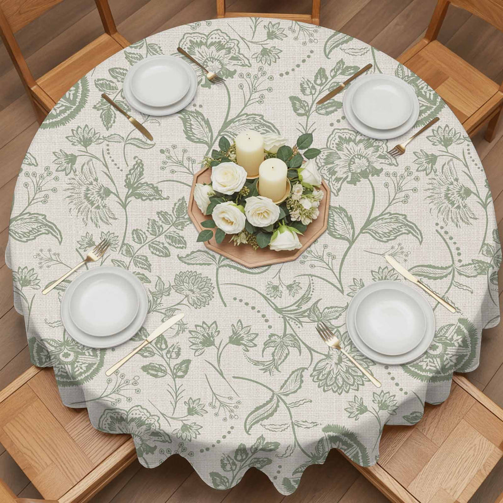 Farmhouse Sage Green Floral Round Tablecloth 54 inches Linen Boho Paisley Flower Rustic Waterproof Oil-Proof Table Cloth Round Table Cover for Holiday Party Picnic Dinner Decor Indoor and Outdoor Use