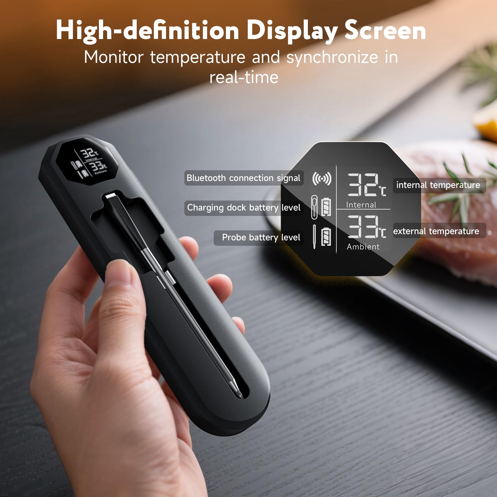Smart Wireless Meat Thermometer with 500FT Bluetooth Range, App Remote Monitoring, Time Reminder, for Cooking, Baking, Oven, Grilling