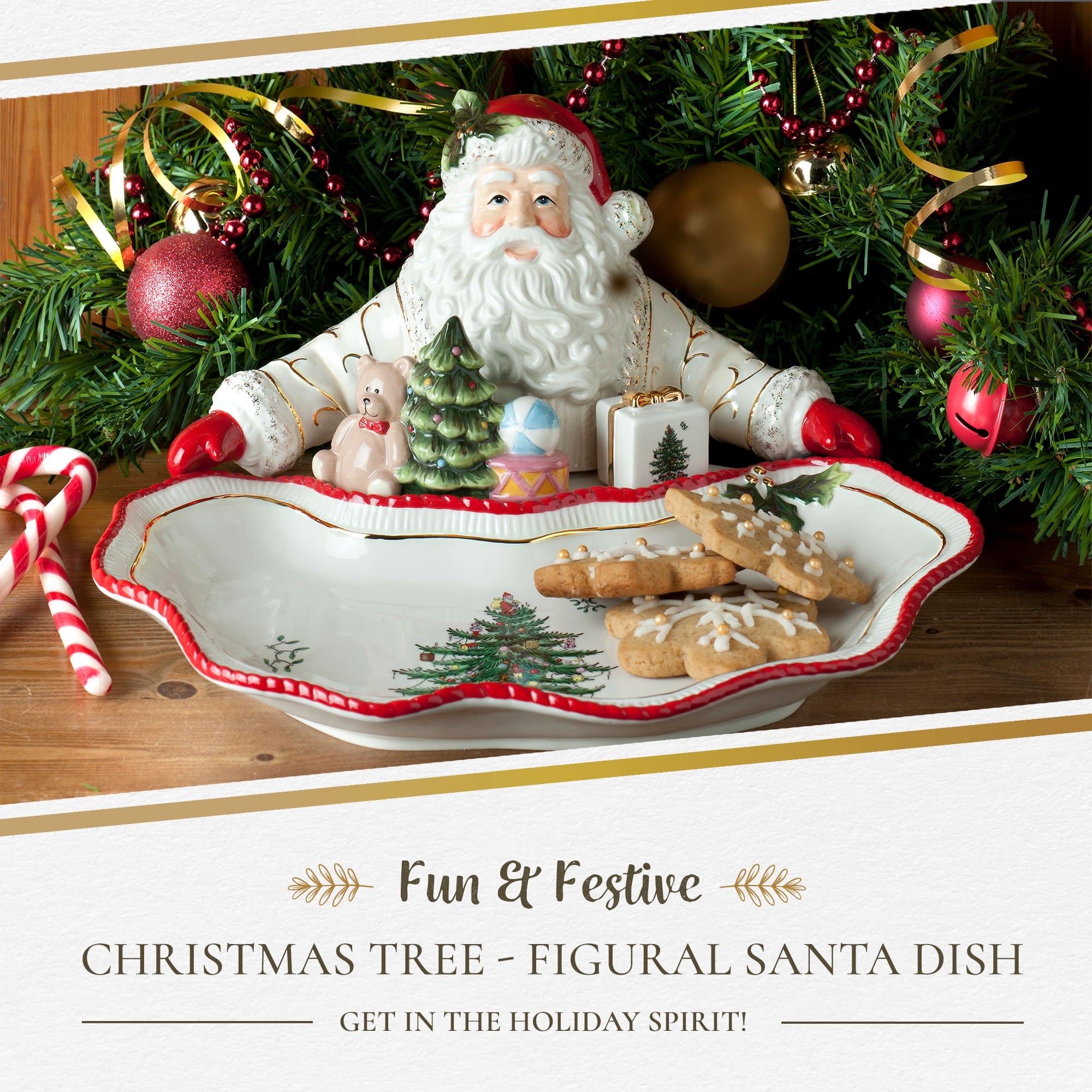 Spode Christmas Tree Gold Collection Figural Santa Dish, 12.25-Inch Holiday Décor Candy Bowl - Fine Earthenware with 22-Karat Gold Accents, Christmas Mantel Decoration & Holiday Tableware