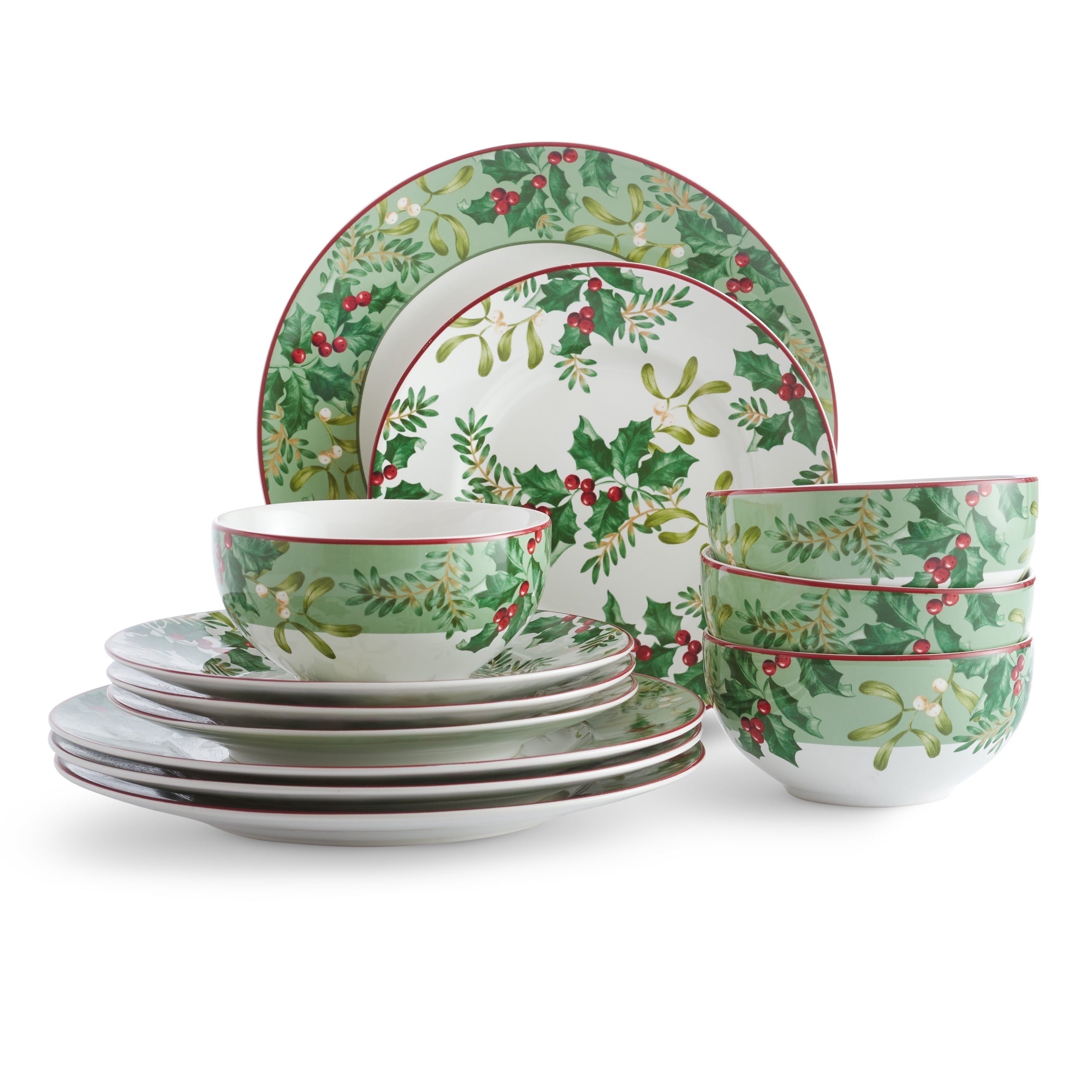 222 Fifth Christmas Foliage Porcelain Dinnerware Set, 12-Piece, Green and White