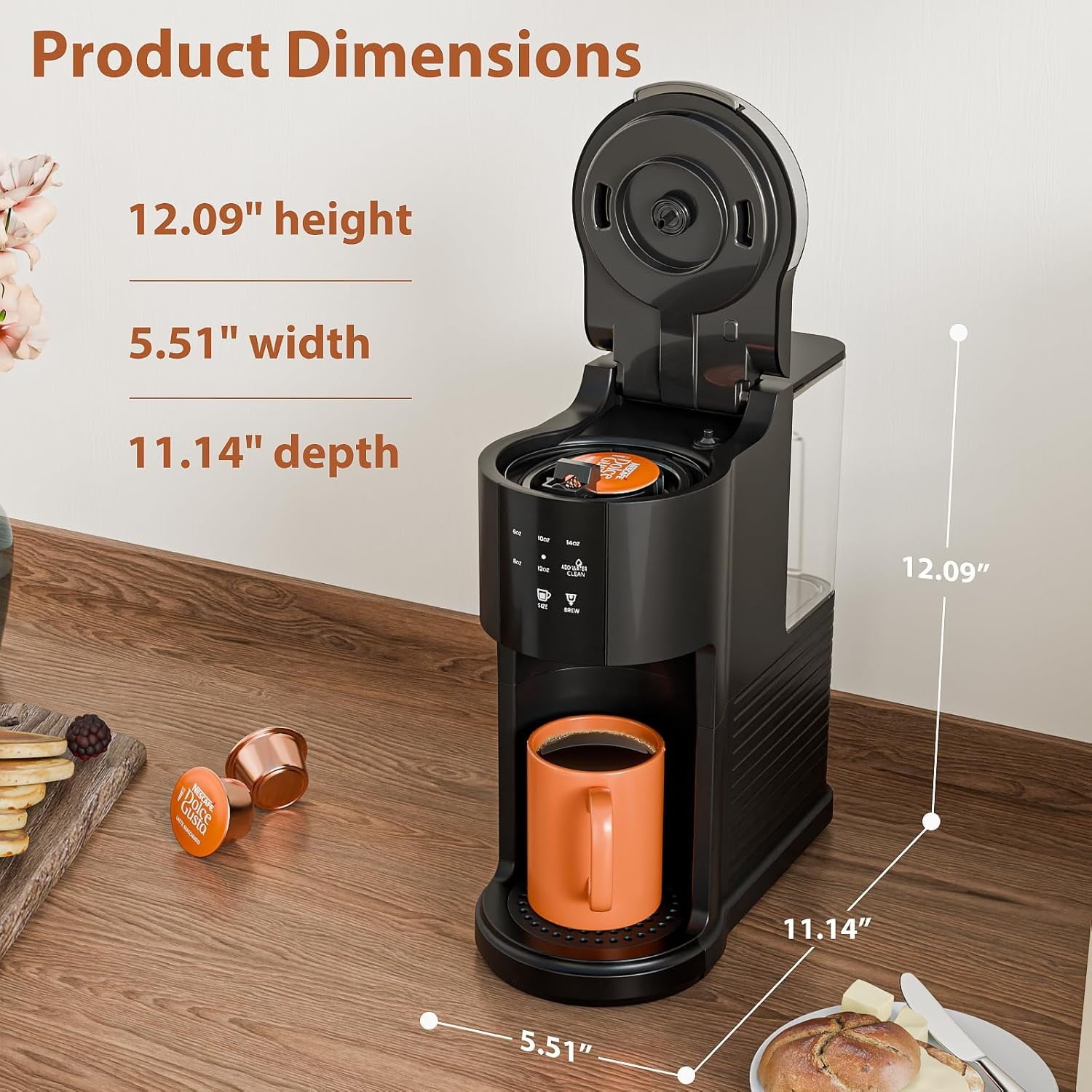 WAA 2 in 1 Single Serve Coffee Maker,Cup/Ground Coffee, 6-14 Oz, 40oz Tank, Auto Clean, Black