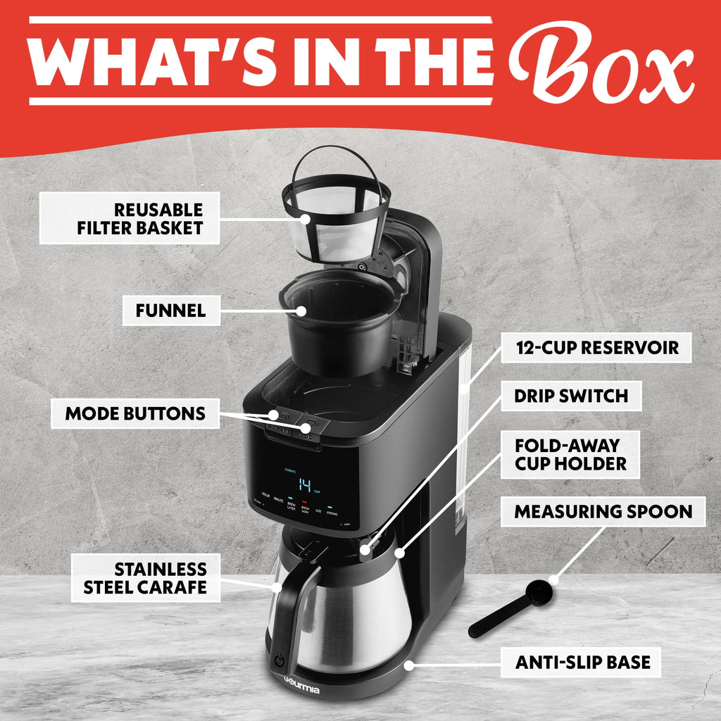 Gourmia 2-in-1 Coffee Maker, Single Serve Pod + 12 Cup Drip, K-Cup Compatible, Black