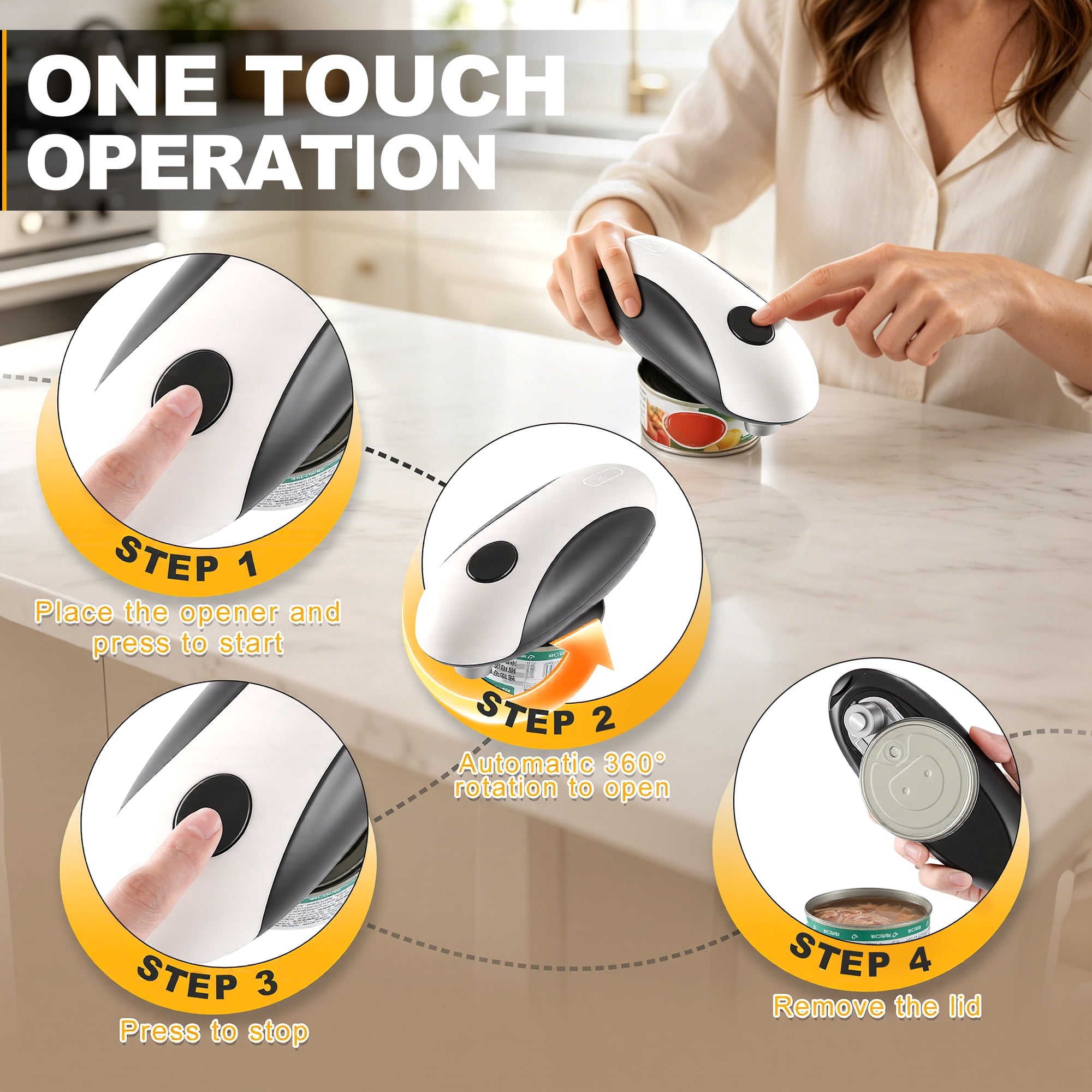 Electric Can Opener, One-Touch Automatic, Cordless Rechargeable, Hands-Free Kitchen Gadget, Smooth Edge Cutter