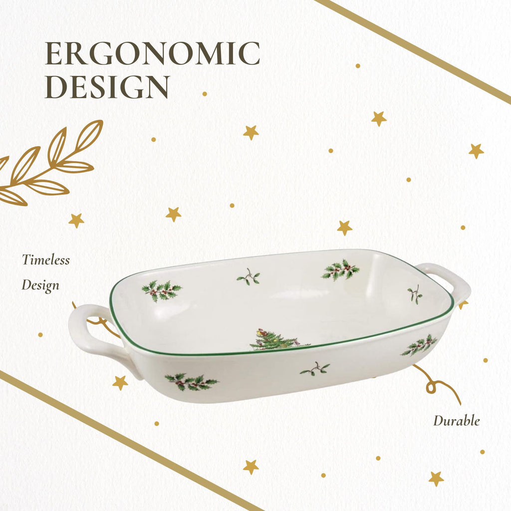 Spode Christmas Tree Oval Breadbasket, 12 Inch Handled Bowl for Fruit, Bread, Cookies - Porcelain Gift, Holiday Serveware & Oven to Table Lasagna Dish, Dishwasher Safe Tableware