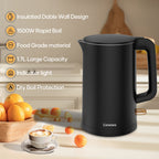 Consiwa Electric Kettle, Double Wall 1.7L Stainless Steel Cool Touch, Water Boiler & Heater, 1500W Hot Tea Pot, Black
