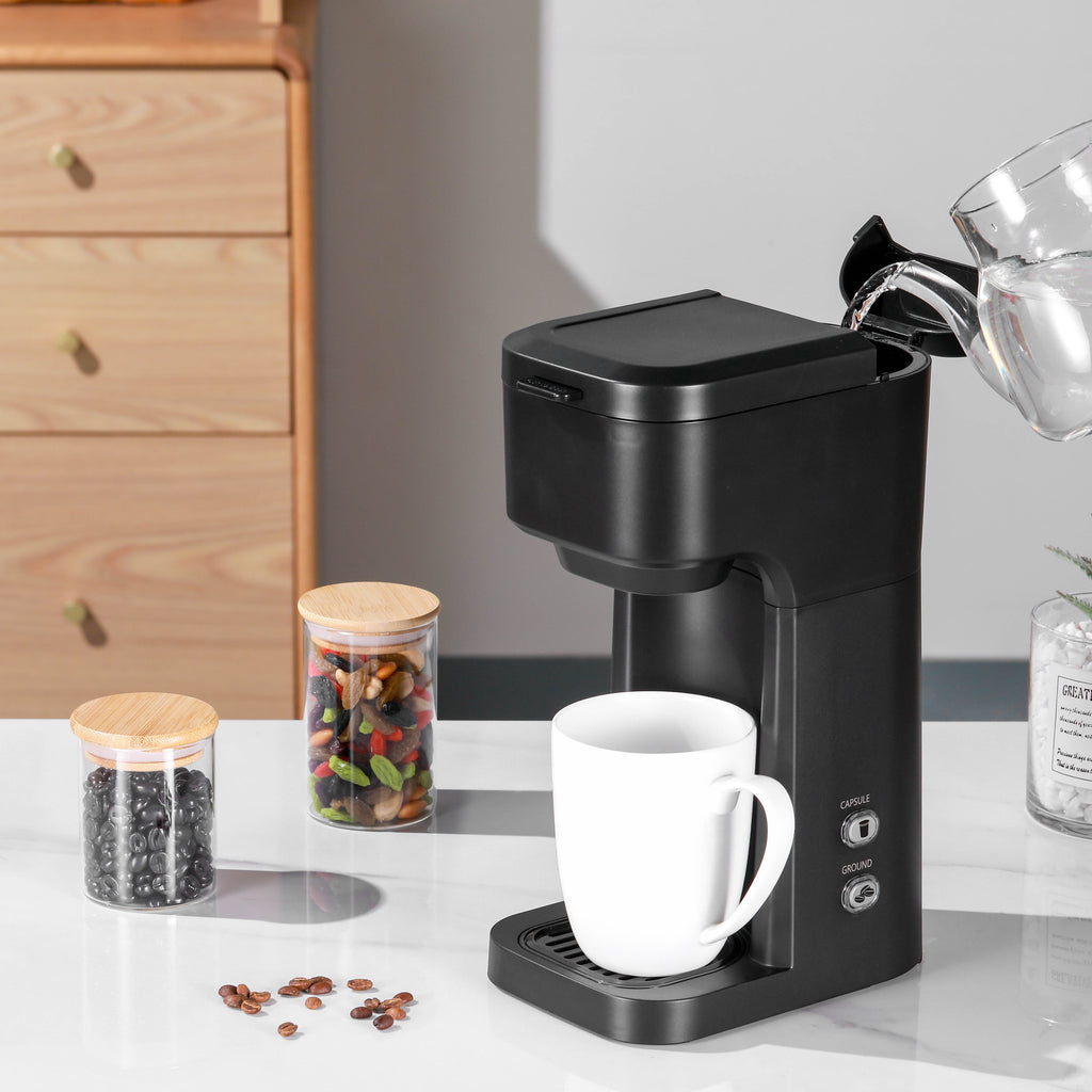 Mainstays Black Matte Dual Brew Coffee Maker, Single Serve, Auto Shutoff, 14 oz Reservoir