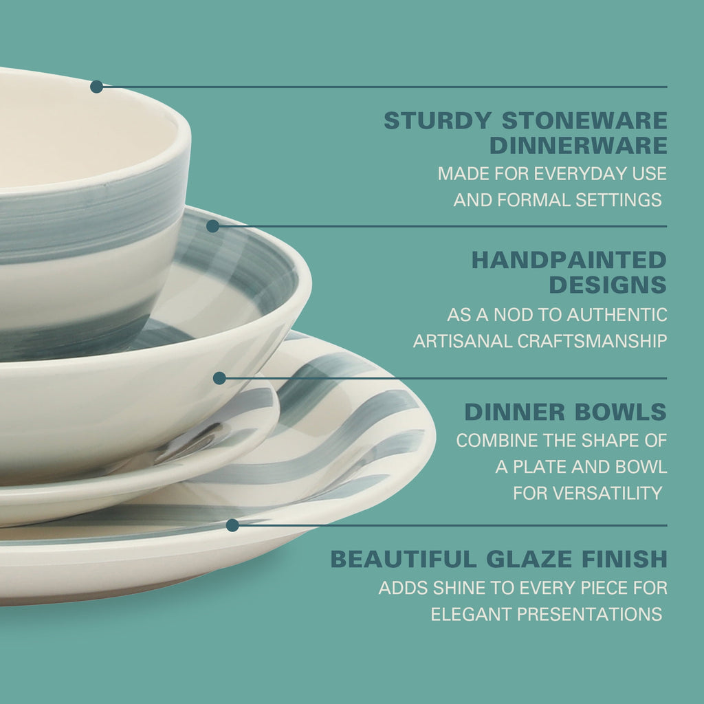 Gibson Home Kenwood Shores 16 Piece Stoneware Dinnerware Set, Hand-Painted Plates and Bowls, Service for 4 - Blue Striped
