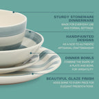 Gibson Home Kenwood Shores 16 Piece Stoneware Dinnerware Set, Hand-Painted Plates and Bowls, Service for 4 - Blue Striped