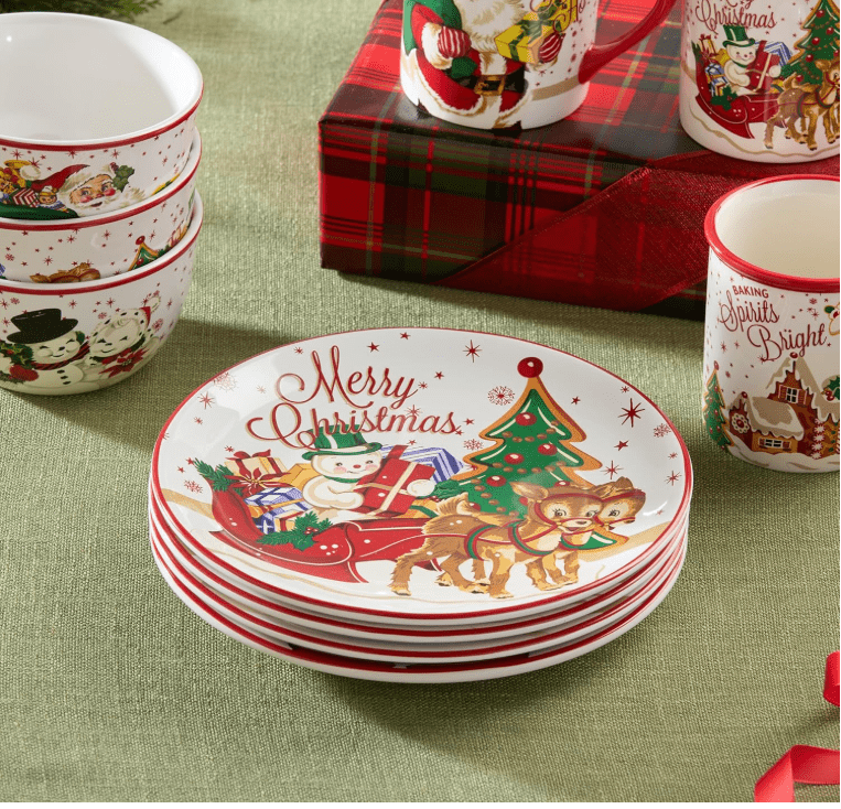 Santa’s Retro Christmas Dessert Plates – Set of 4 Assorted Holiday Plates with Santa, Reindeer & Snowman Art, Festive Vintage Tableware for Christmas