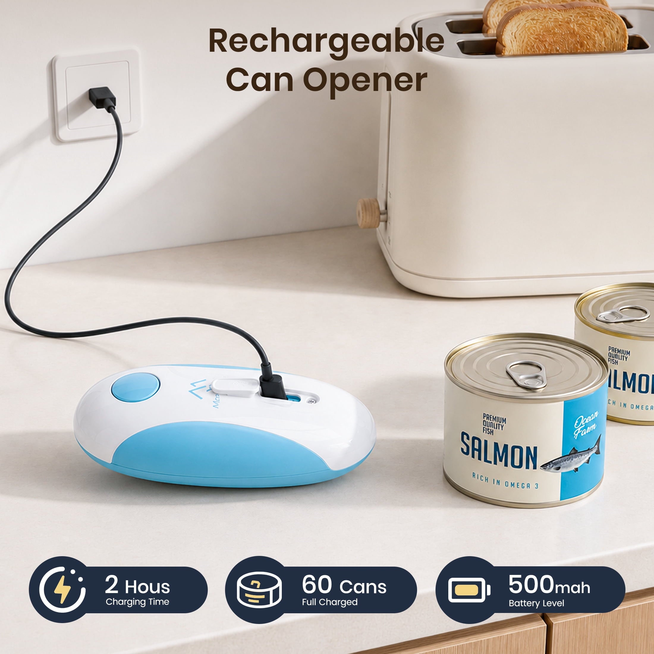 Moreblue One-Touch Automatic Electric Can Opener, USB-C Rechargeable Can Opener Smooth Edge, Hands-Free Countertop Electric Can Opener for Seniors, Arthritis, Weak Hands, Kitchen Gadget Gift（Blue)