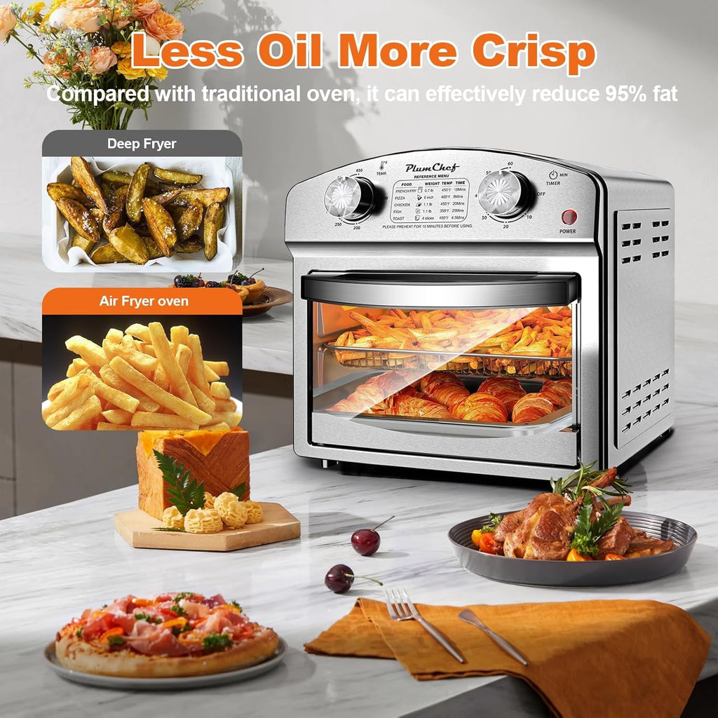 Plum Chef 13QT Air Fryer Toaster Oven Combo, Compact Stainless Steel Countertop Oven for 1-3 People, 1500W with Oil-Free Cooking, Easy to Clean, Space Saving, Sliver