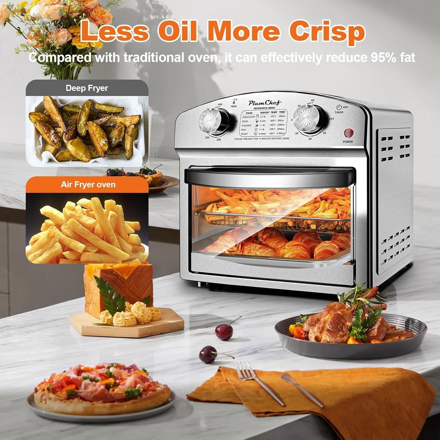 Plum Chef 13QT Air Fryer Toaster Oven Combo, Compact Stainless Steel Countertop Oven for 1-3 People, 1500W with Oil-Free Cooking, Easy to Clean, Space Saving, Sliver