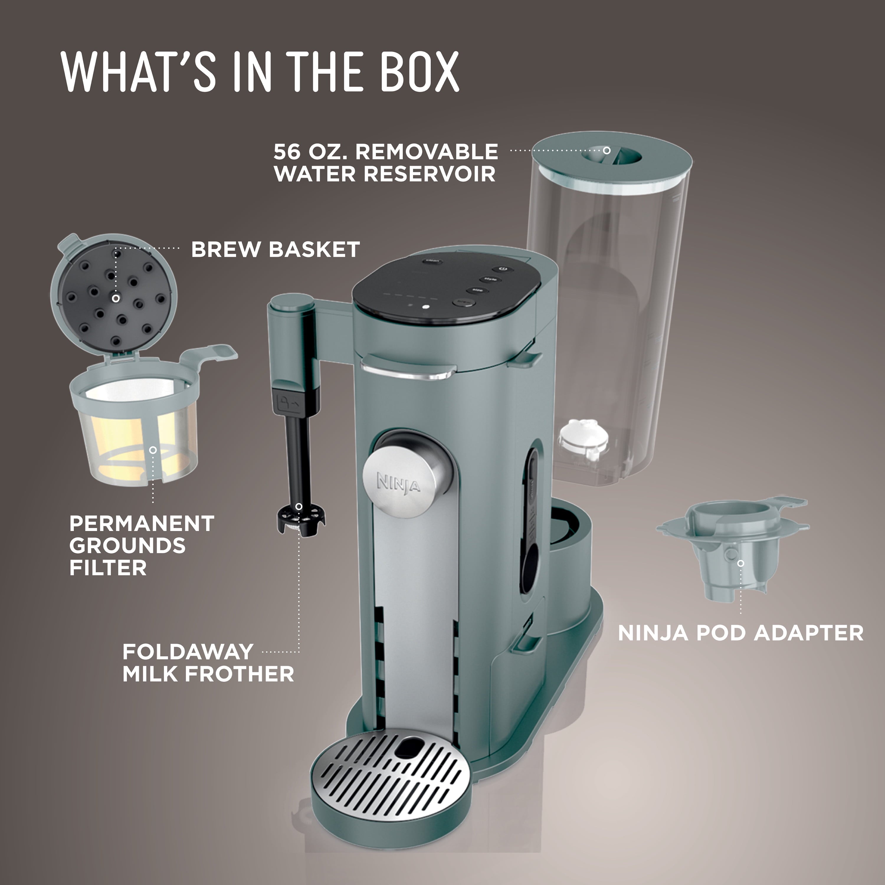 Ninja Pods & Grounds Specialty Single-Serve Coffee Maker, K-Cup Pod Compatible, Built-In Milk Frother, PB051SG, Sage Green