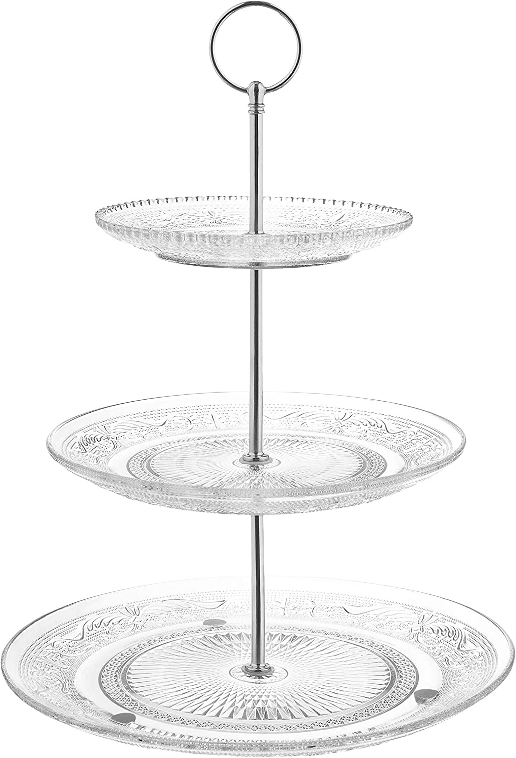 3-Tiered Serving Stand (Glass) Beautiful, Elegant Dishware Serve Snacks, Appetizers, Cakes, Candies Durable, Reusable Party or Holiday Hosting (Silver) (1) (1)