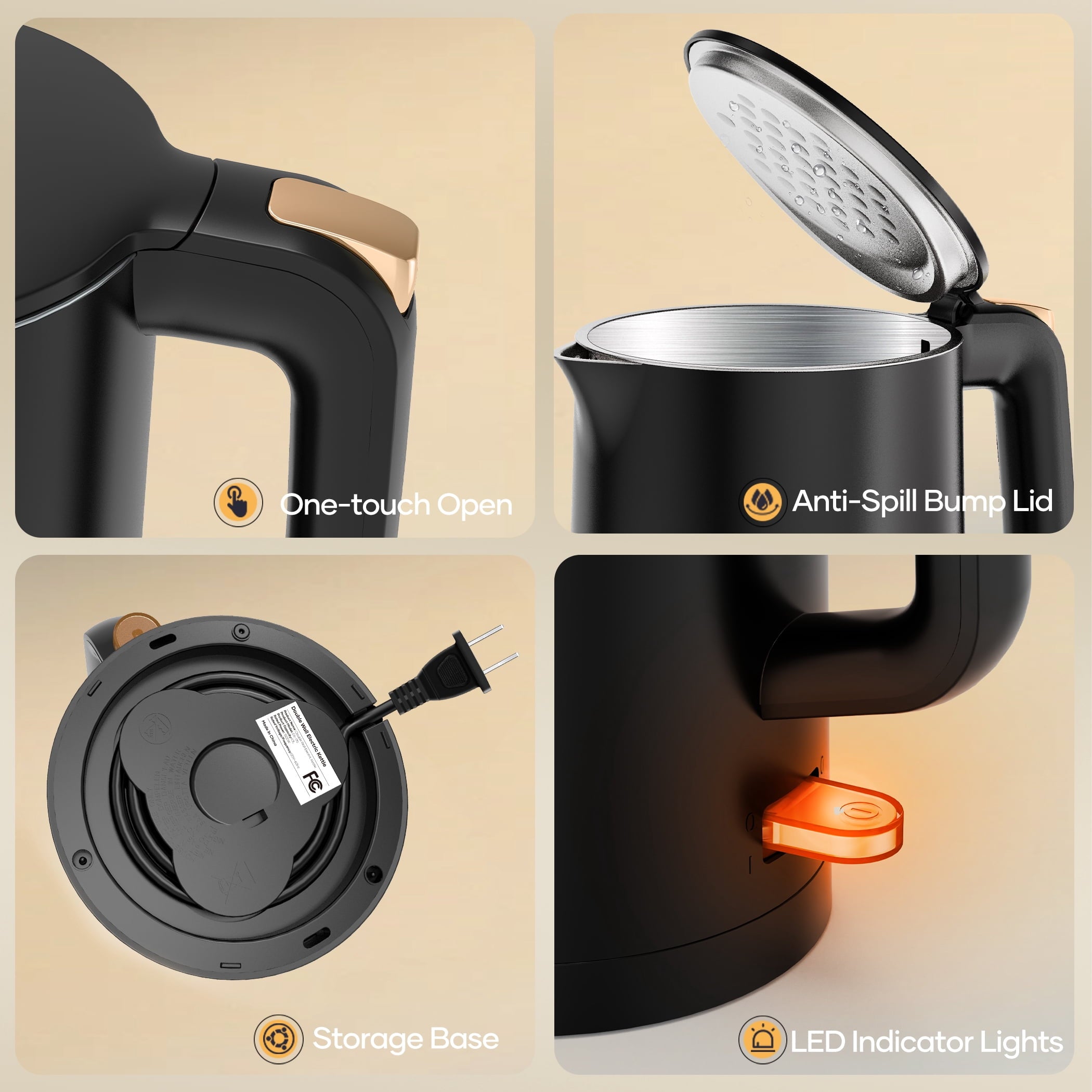 Consiwa Electric Kettle, Double Wall 1.7L Stainless Steel Cool Touch, Water Boiler & Heater, 1500W Hot Tea Pot, Black