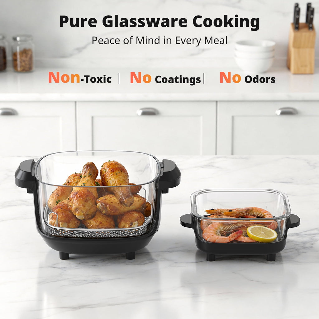 AIRMSEN Portable Glass Air Fryer, 4.8QT & 1.3QT Non-Toxic Glass Bowls, Max 450°F, 4 Preset Modes with Adjustable Time & Temp, Dishwasher-Safe, 1500W