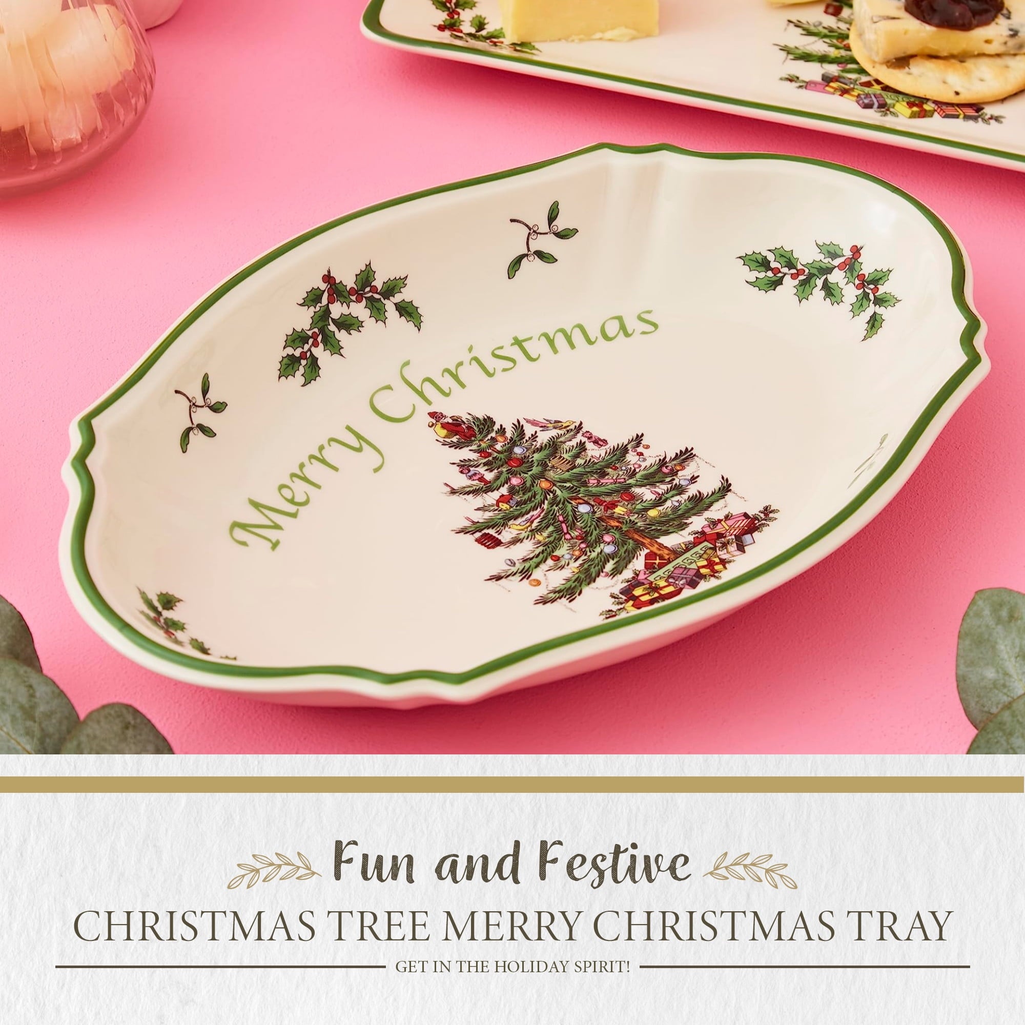 Spode Christmas Tree Oval Festive Tray - 11-Inch Rectangular Earthenware Serving Tray, Holiday Tableware - Seasonal Trays for Entertainment - Dishwasher, Microwave, Oven Safe